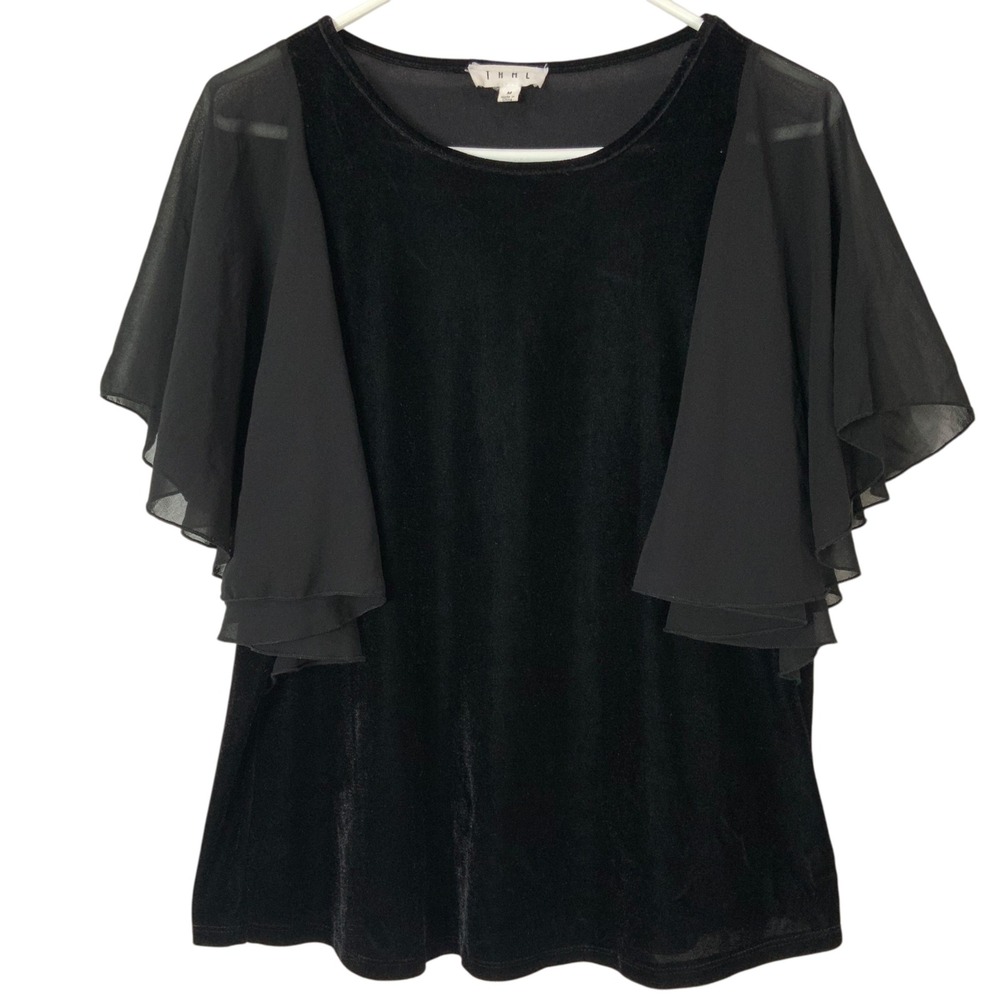 THML Black Velvet Chiffon Top M Pullover Round Neck Short Flutter Sleeve Tiered